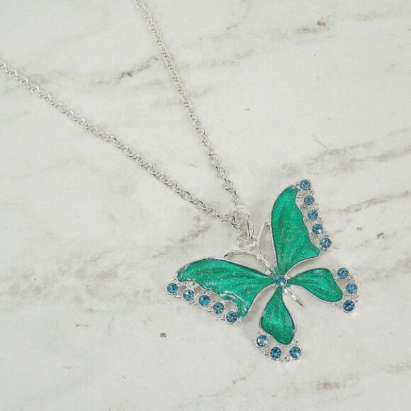 Large green butterfly pendant necklace in shiny enamel and blue crystals - Picture 7 of 7